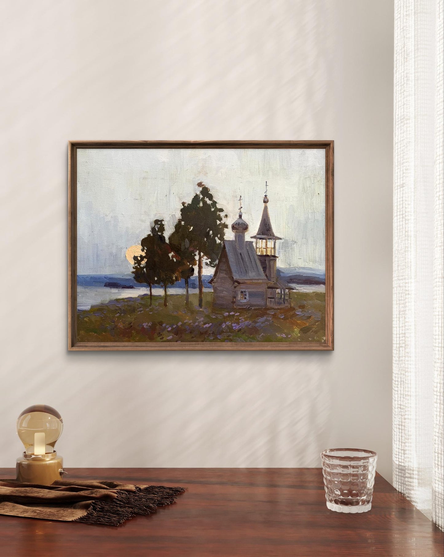 Oil painting Temple by Tatyana Derdey: island wooden church with onion domes