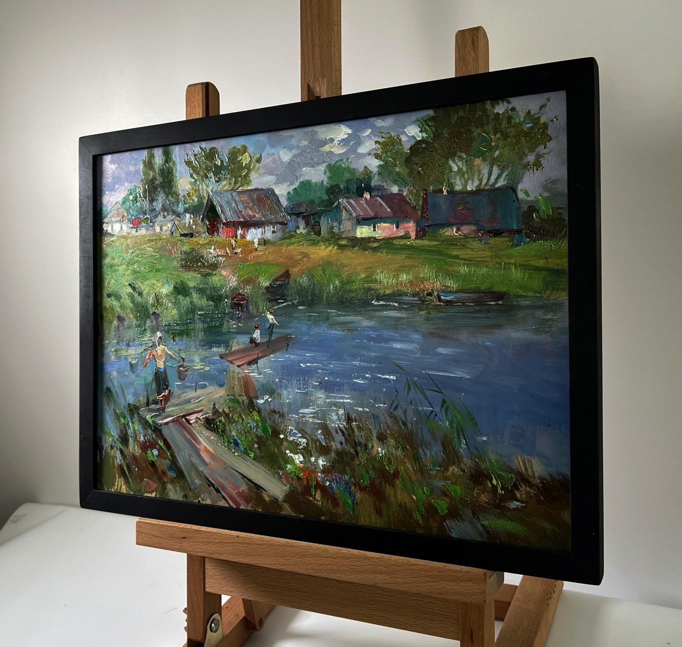 Oil painting Life by the village river by Yuriy Suprunchuk in black frame