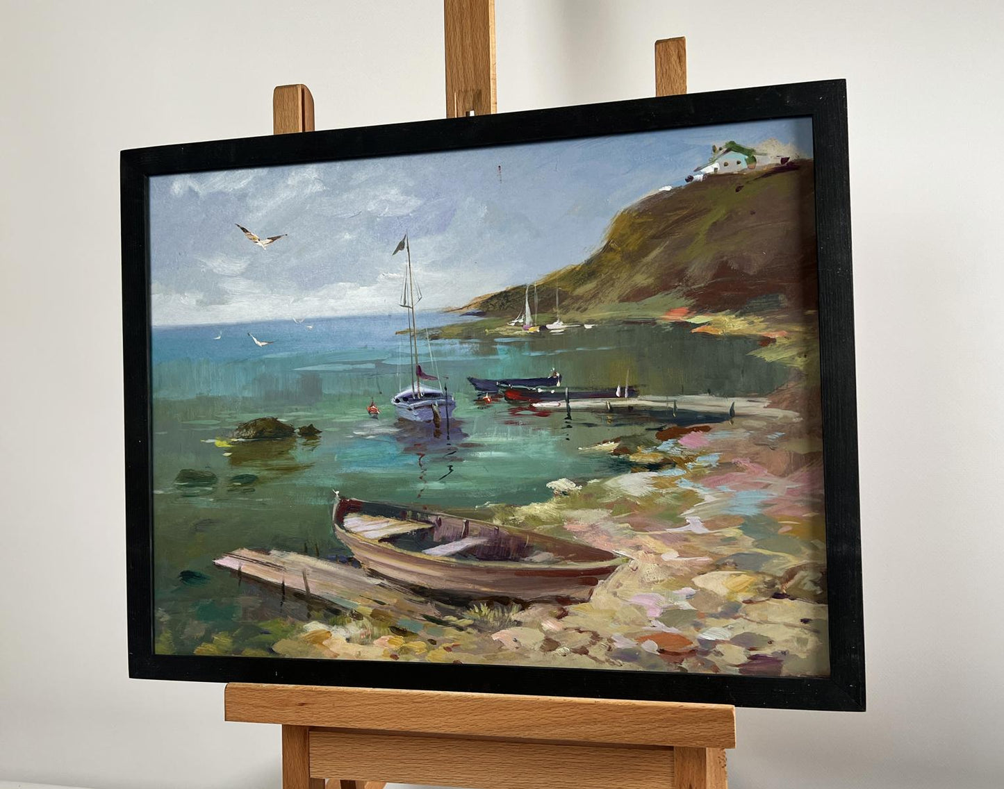Framed oil painting Harbor at the foot of the hills by Yuriy Suprunchuk