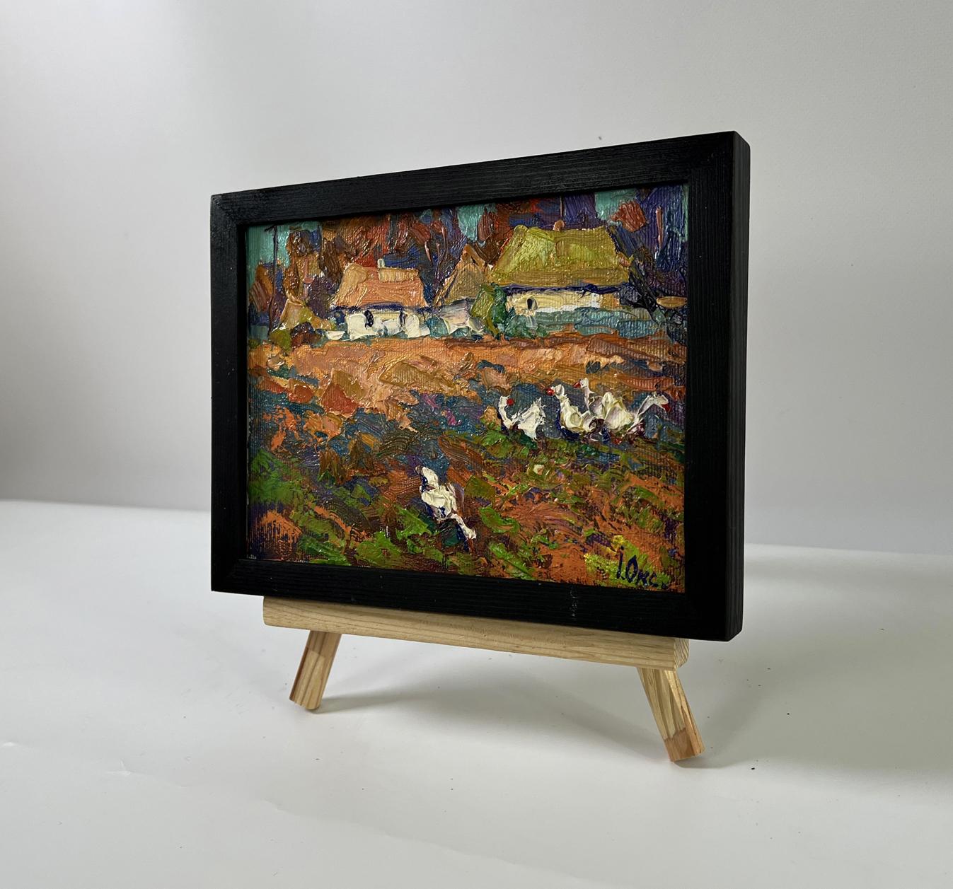 Oil painting Geese in the village by Oksana Ivanyuk rustic autumn scene