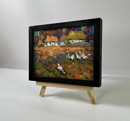 Oil painting Geese in the village by Oksana Ivanyuk rustic autumn scene