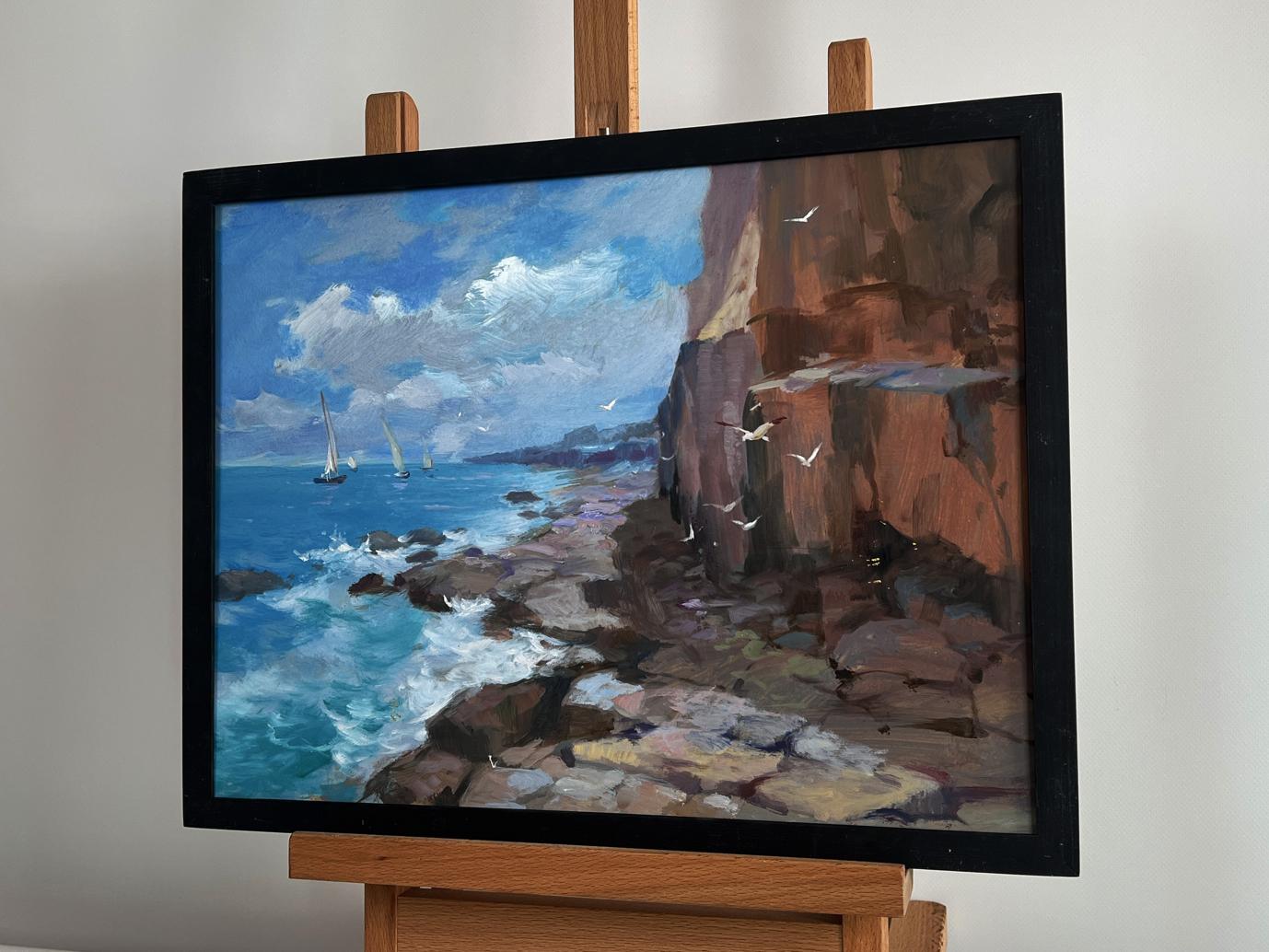 Oil painting Sailing towards a dream by Yuriy Suprunchuk, coastal sailboats scene