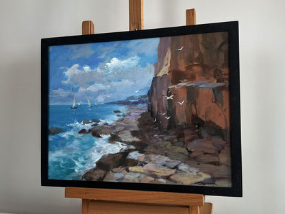 Oil painting Sailing towards a dream by Yuriy Suprunchuk, coastal sailboats scene