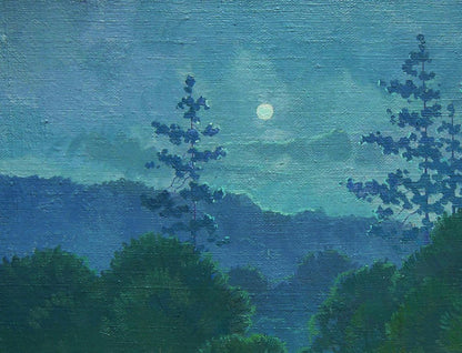 Oil painting Moonlit Night by Valery Savenets: luminous full moon over silhouetted trees and mountains