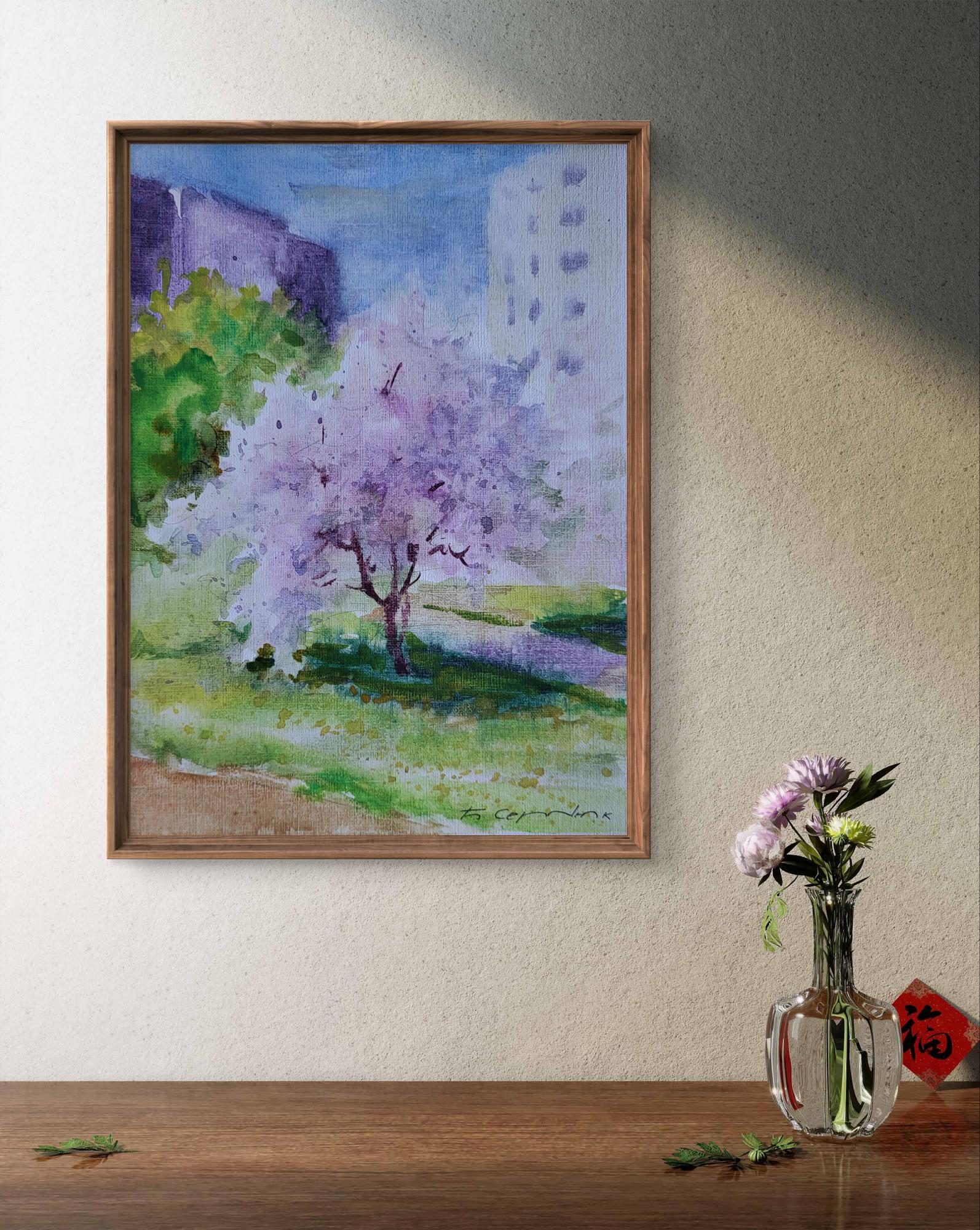 Framed watercolor Gentle April by Boris Serdyuk, purple green tree