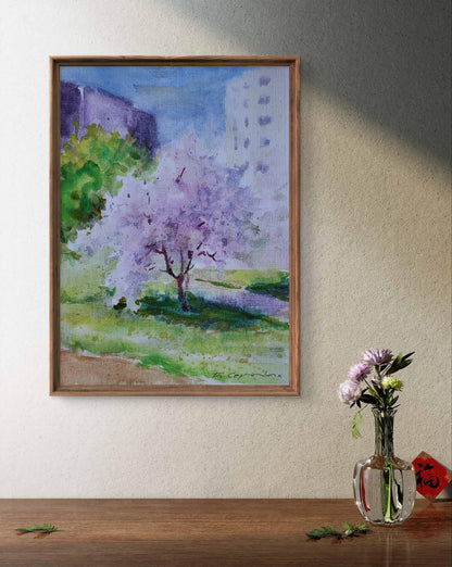 Framed watercolor Gentle April by Boris Serdyuk, purple green tree