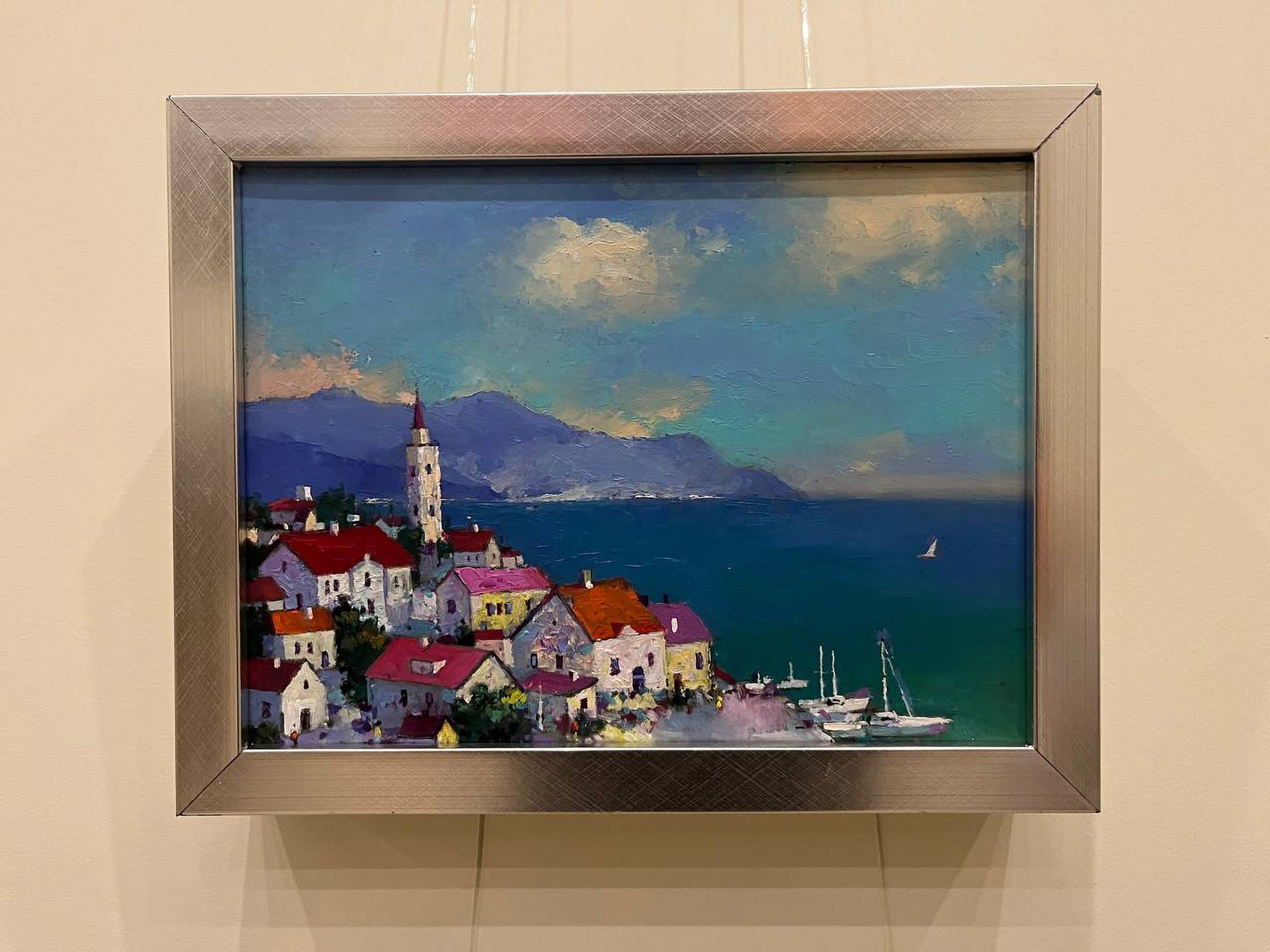 Oil painting of Serhiy Rybak resort town with sea, coastal village scene