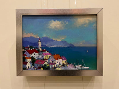 Oil painting of Serhiy Rybak resort town with sea, coastal village scene