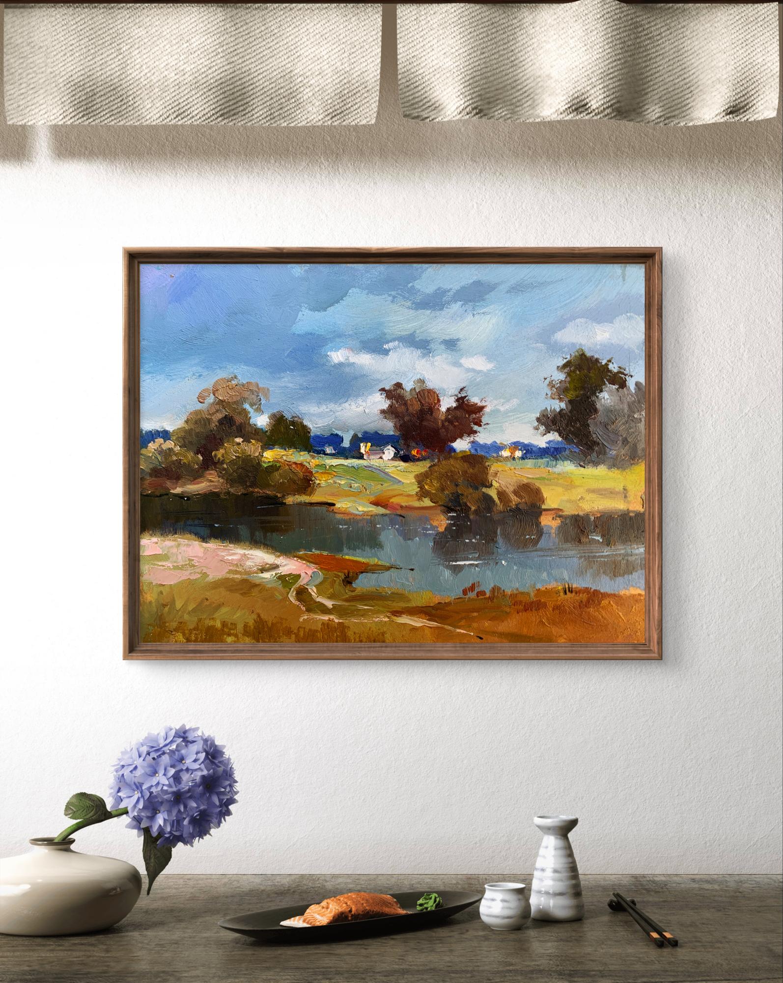 Oil painting River Silence by Yuriy Suprunchuk, autumn landscape in wooden frame