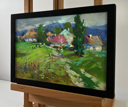 Framed impressionist oil painting by Yuriy Suprunchuk: path to rural field