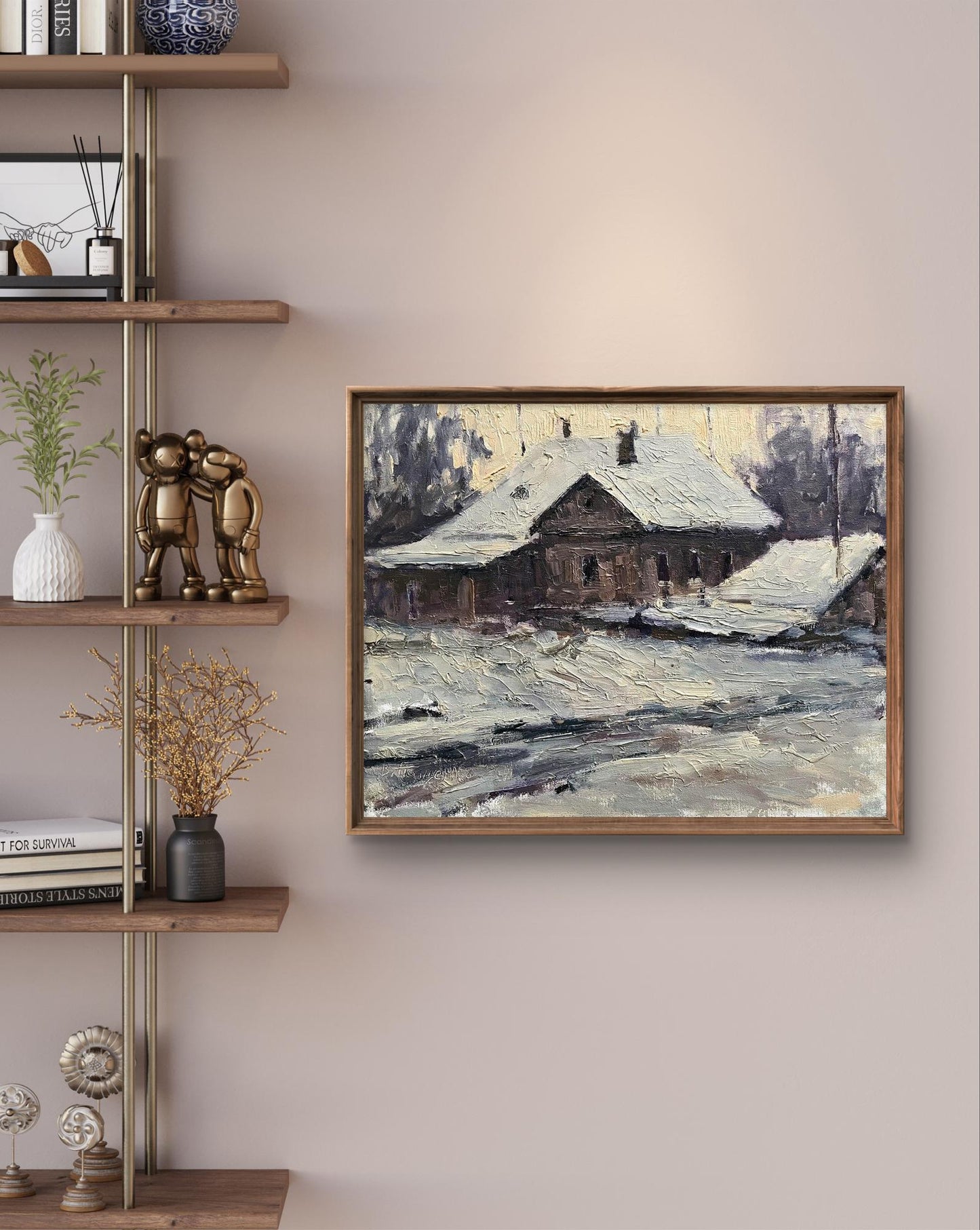 Oil painting White evening Volodymyr Pashchenko snowy house in wooden frame