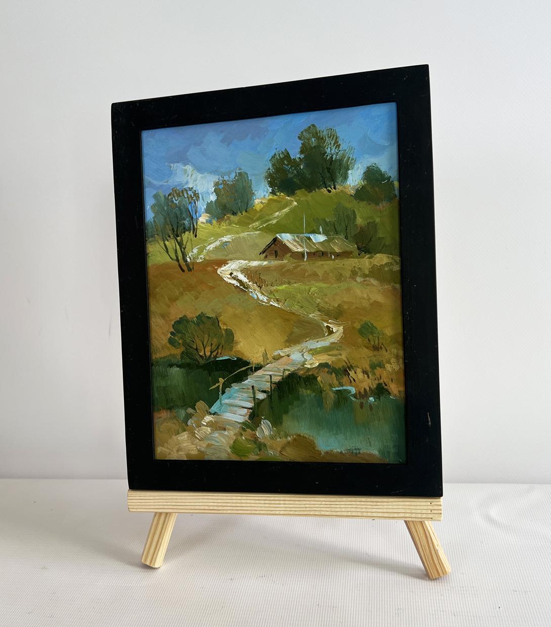 Oil painting Path along the village Yuriy Suprunchuk black-framed rustic hills bridge house