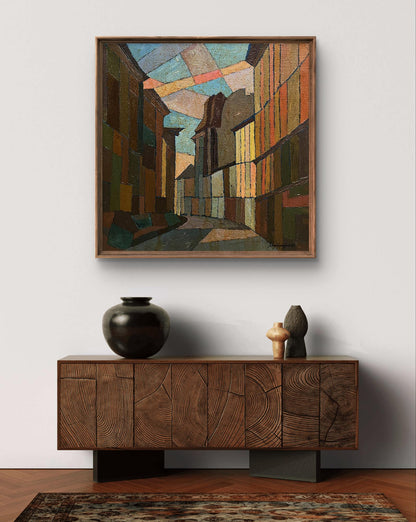 Framed Oil painting Closer to the center by Serhiy Kovalev above sideboard