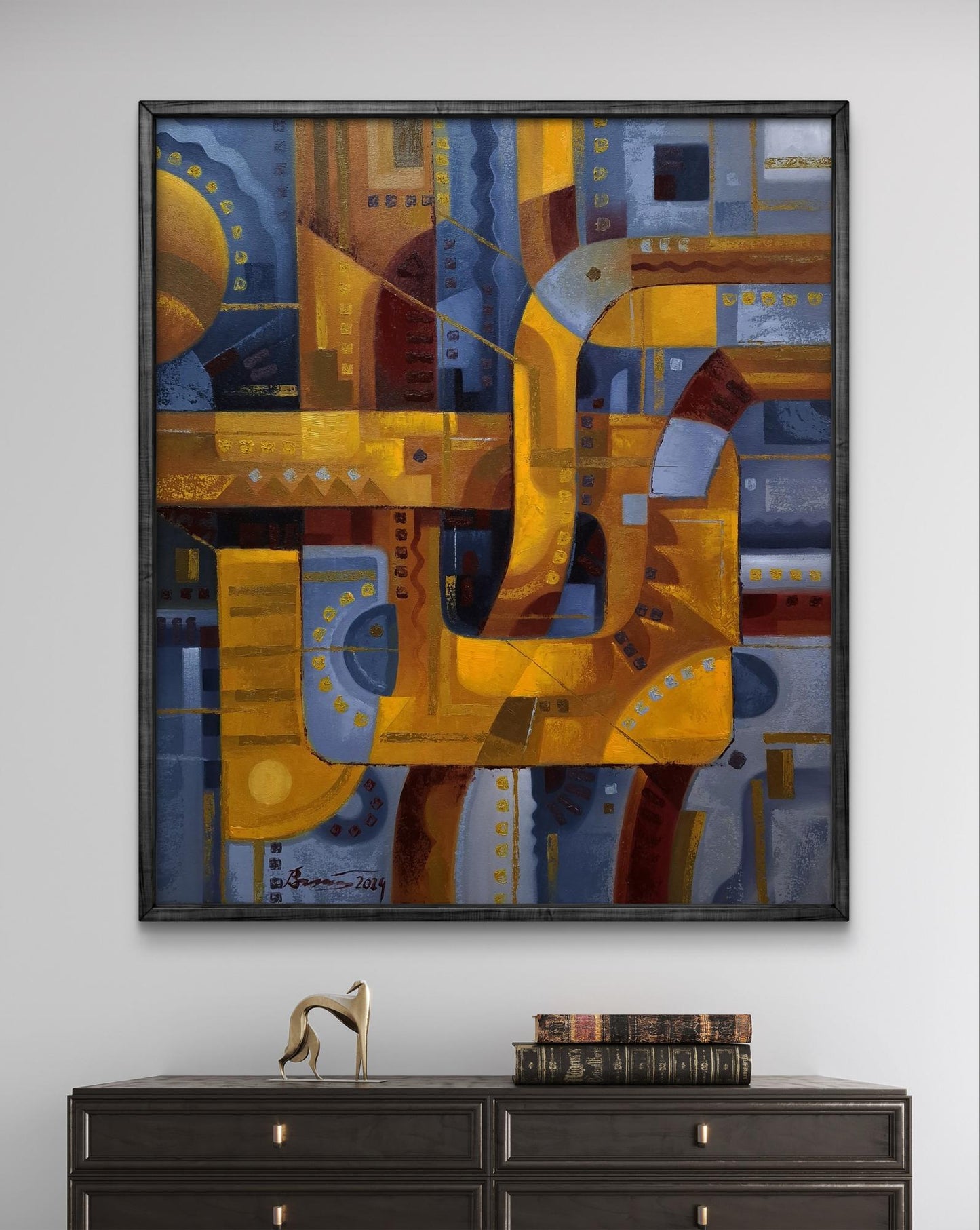 Oil painting Urban Jazz Music by Sergiy Voichenko in blue gold hues framed