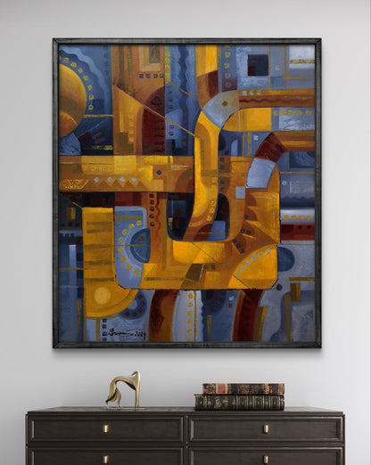 Oil painting Urban Jazz Music by Sergiy Voichenko in blue gold hues framed