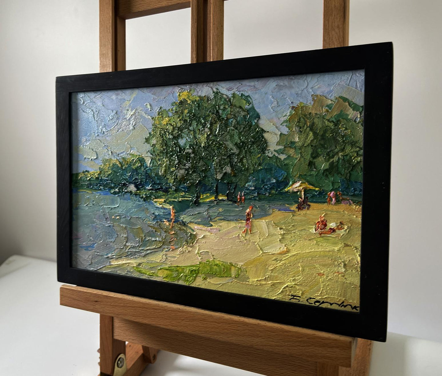 Framed impressionist oil painting by Boris Serdyuk of beach scene