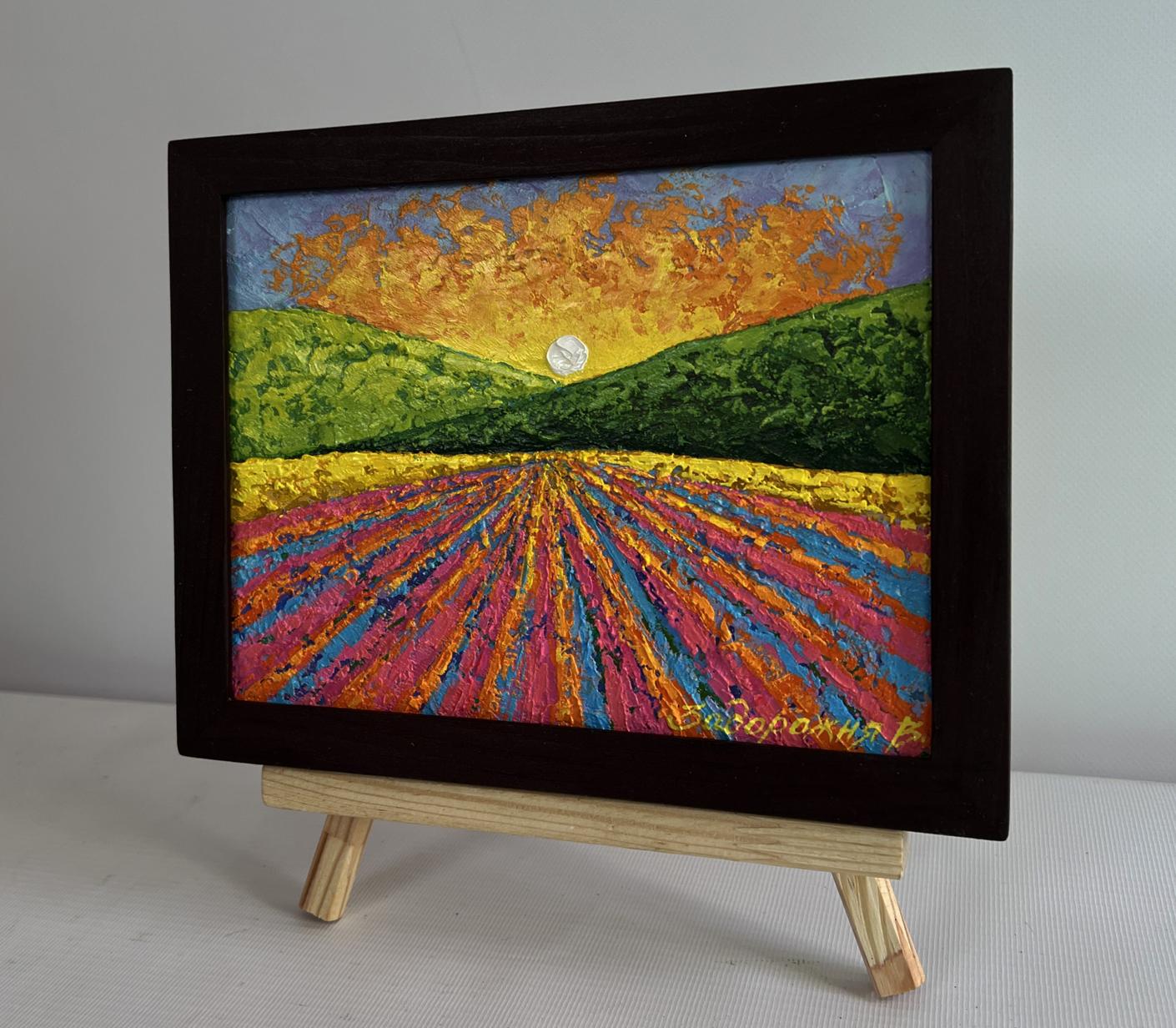 Oil painting Sunset over a flower field V. Zadorozhnya in dark wooden frame
