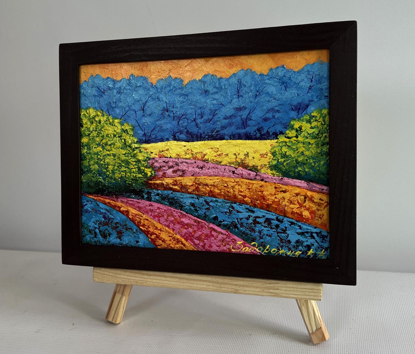 Oil painting Summer twilight in the forest by V. Zadorozhnya in black frame