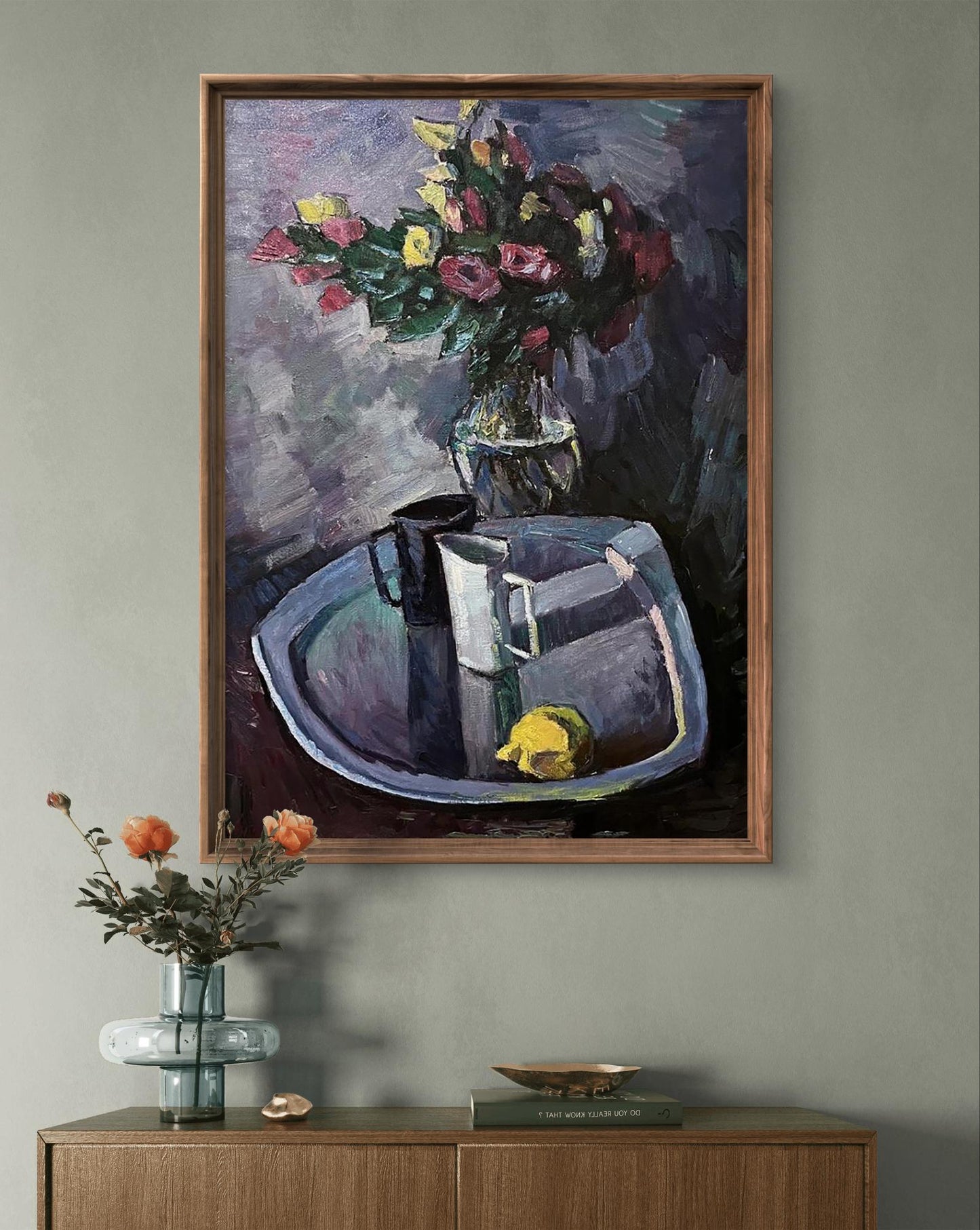 Oil painting by Oleksandr Andreev: vibrant flowers, lemon, vase on tray