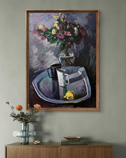 Oil painting by Oleksandr Andreev: vibrant flowers, lemon, vase on tray