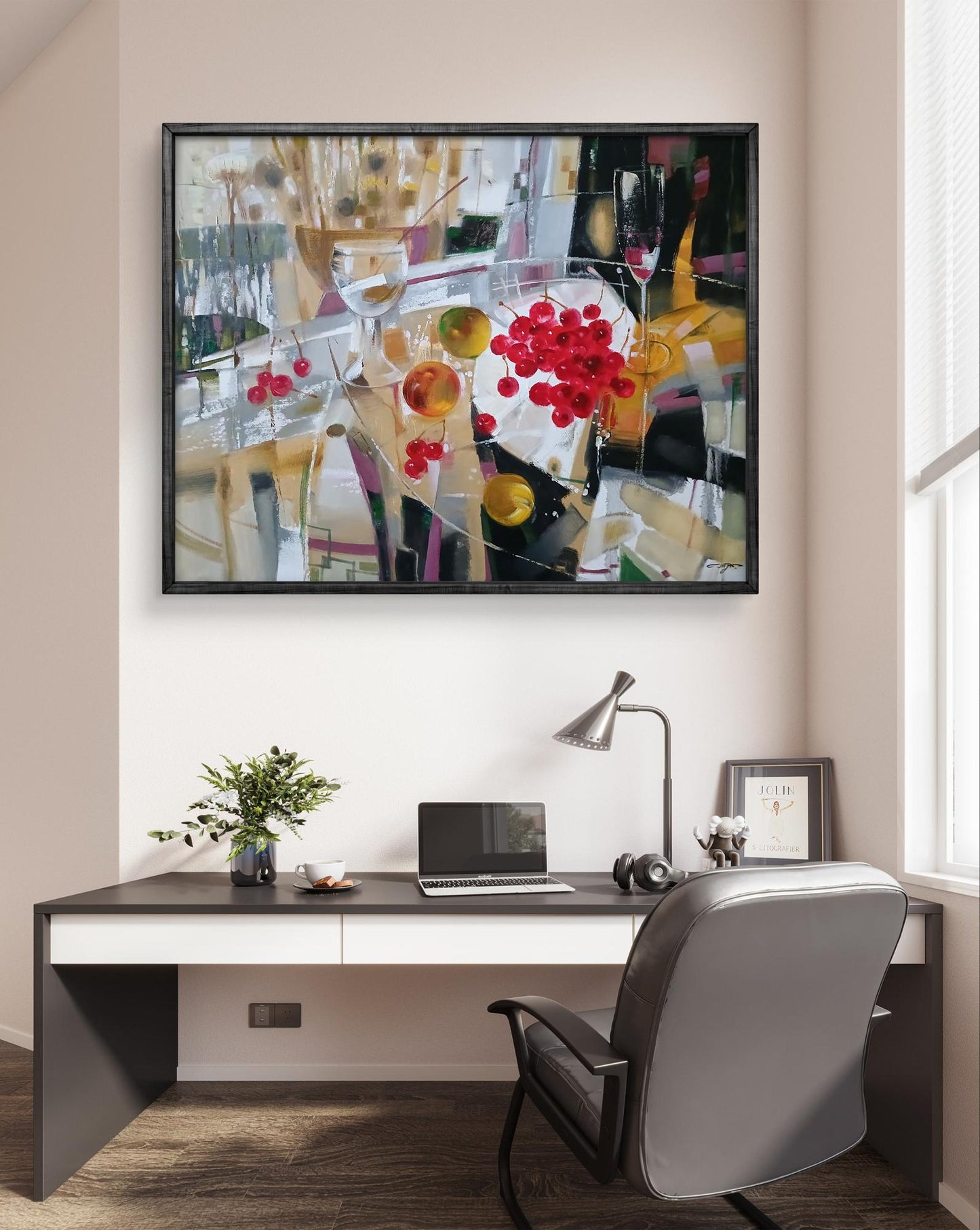 Abstract oil painting Cherries by Anatoly Tarabanov in black frame