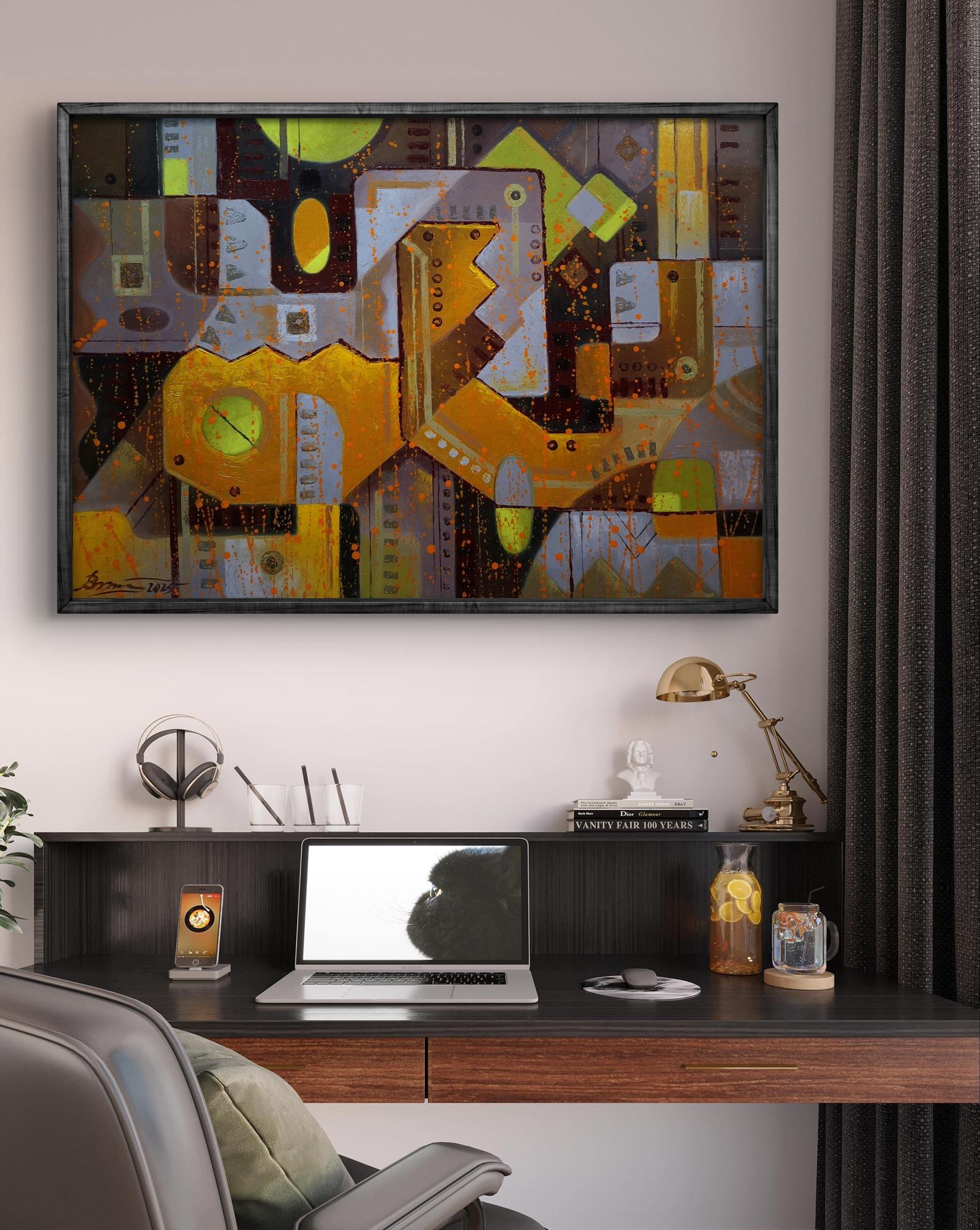 Oil painting Industrial era by Sergiy Voichenko, abstract geometric yellow orange gray shapes in black frame