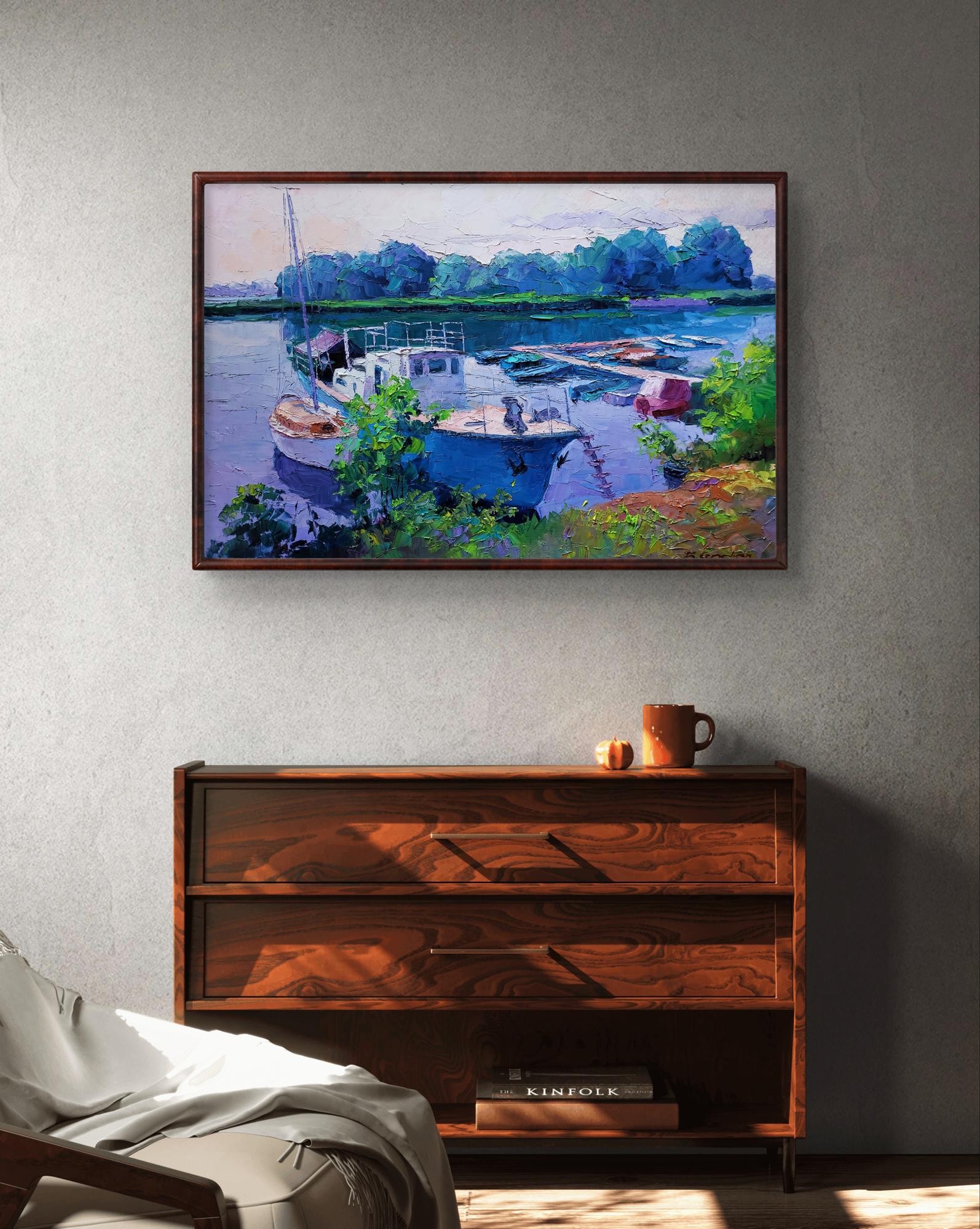 Oil painting Ferry by Boris Serdyuk: impressionist blue boat on water amid green trees