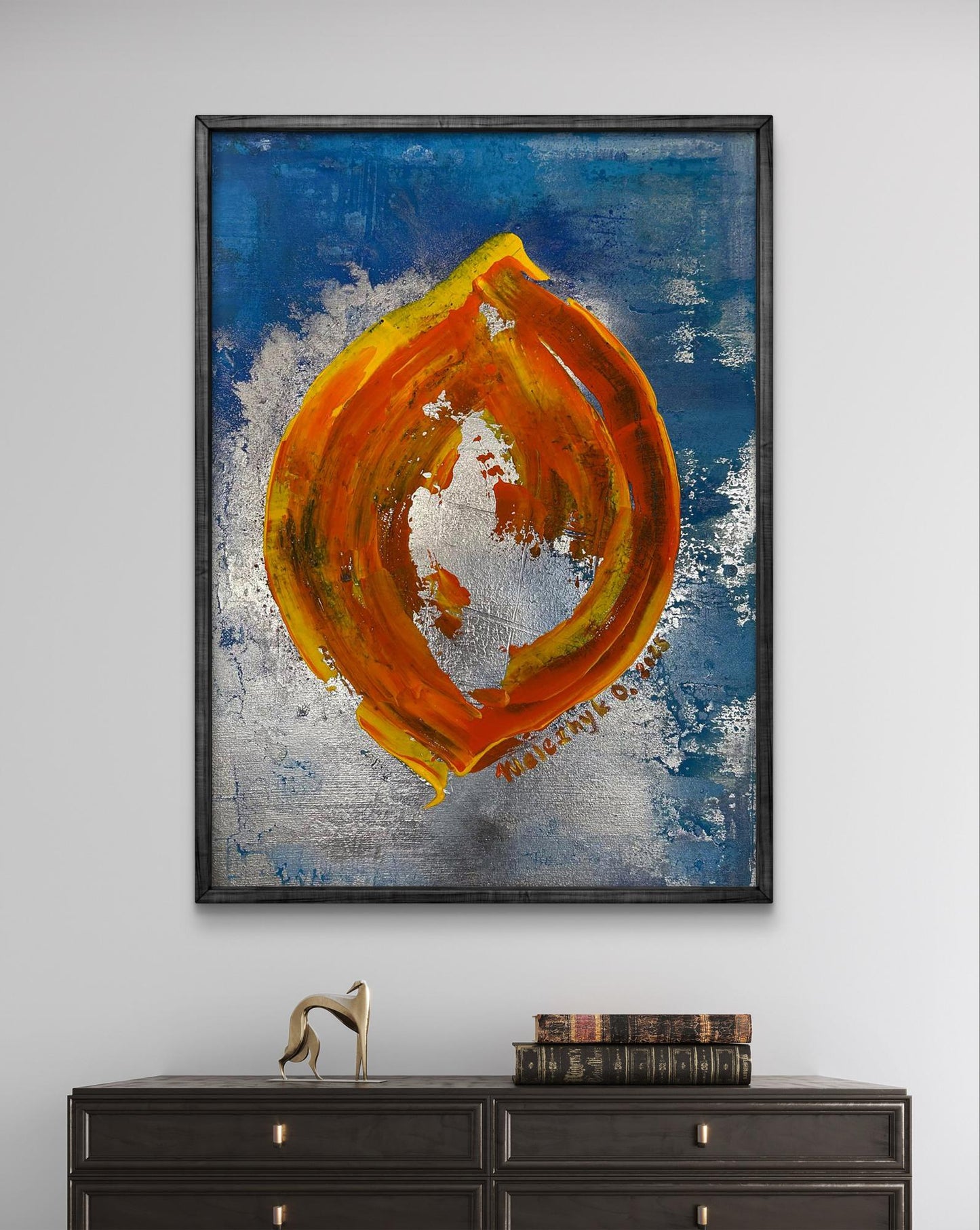 Vibrant Delicious Life acrylic painting by Olga Melezhik, orange swirls on blue silver