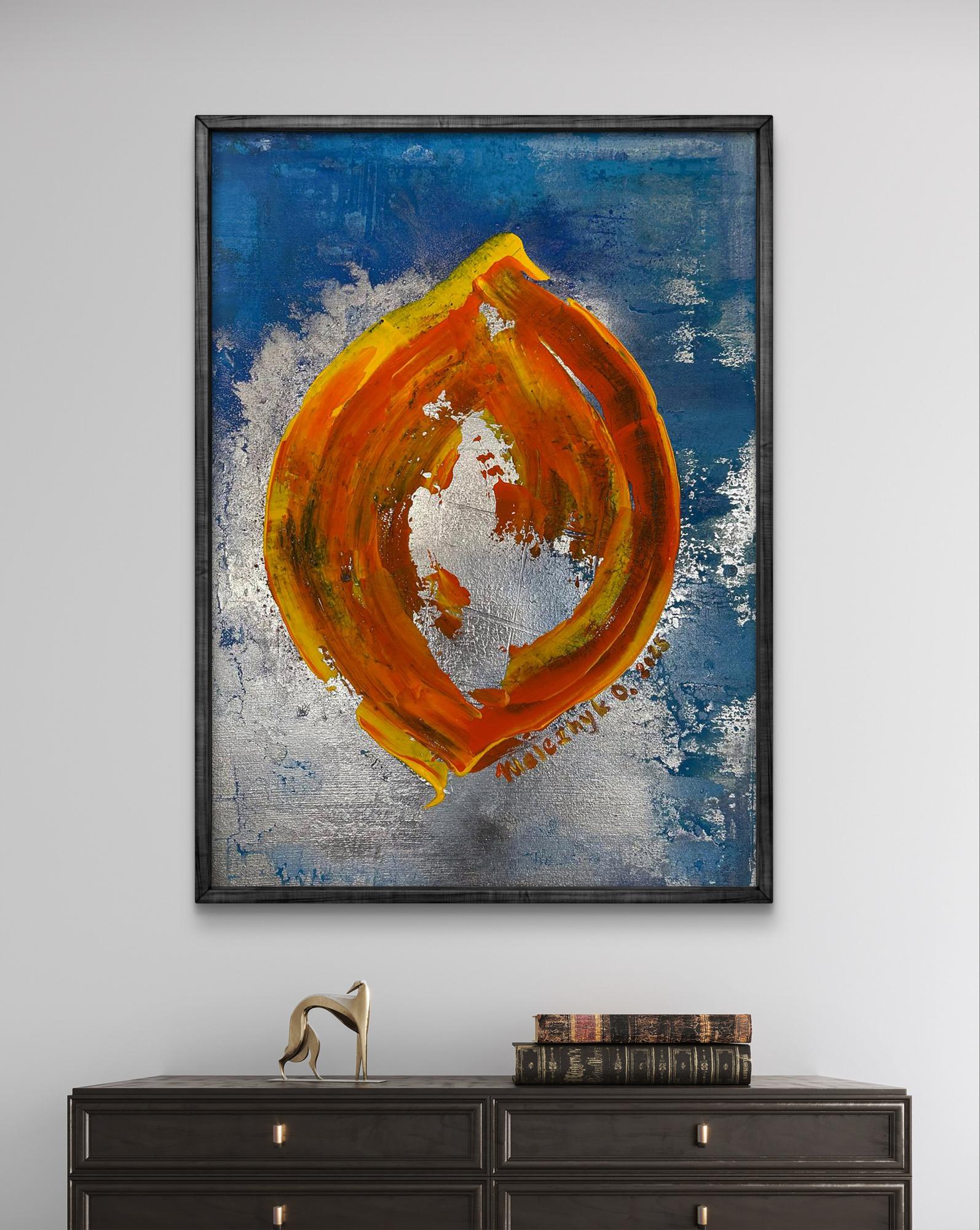 Vibrant Delicious Life acrylic painting by Olga Melezhik, orange swirls on blue silver