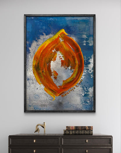 Vibrant Delicious Life acrylic painting by Olga Melezhik, orange swirls on blue silver