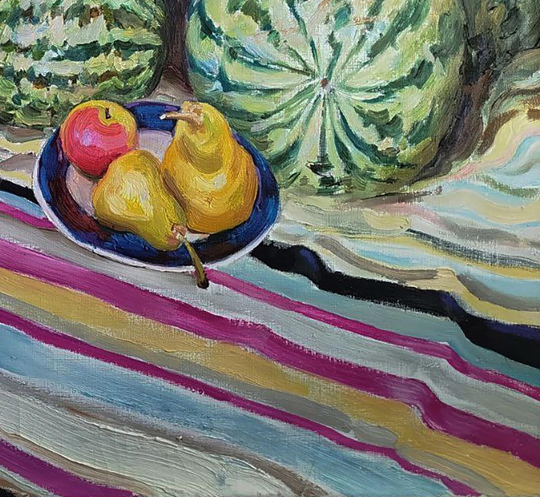 Oil painting by Leonid Pavlenko: blue plate with red apple, yellow pears