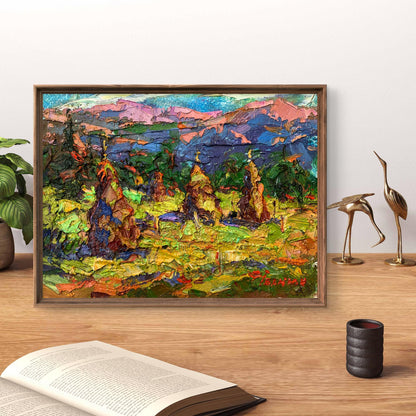 Oil painting of mountain fields by Ivanyuk Oleksiy in rustic frame