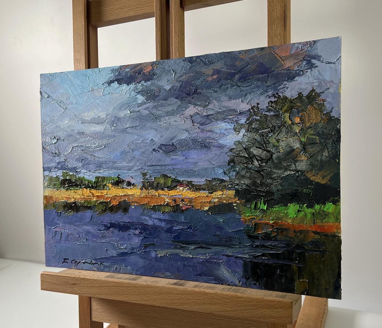 Oil painting of river near field by Boris Serdyuk, textured landscape