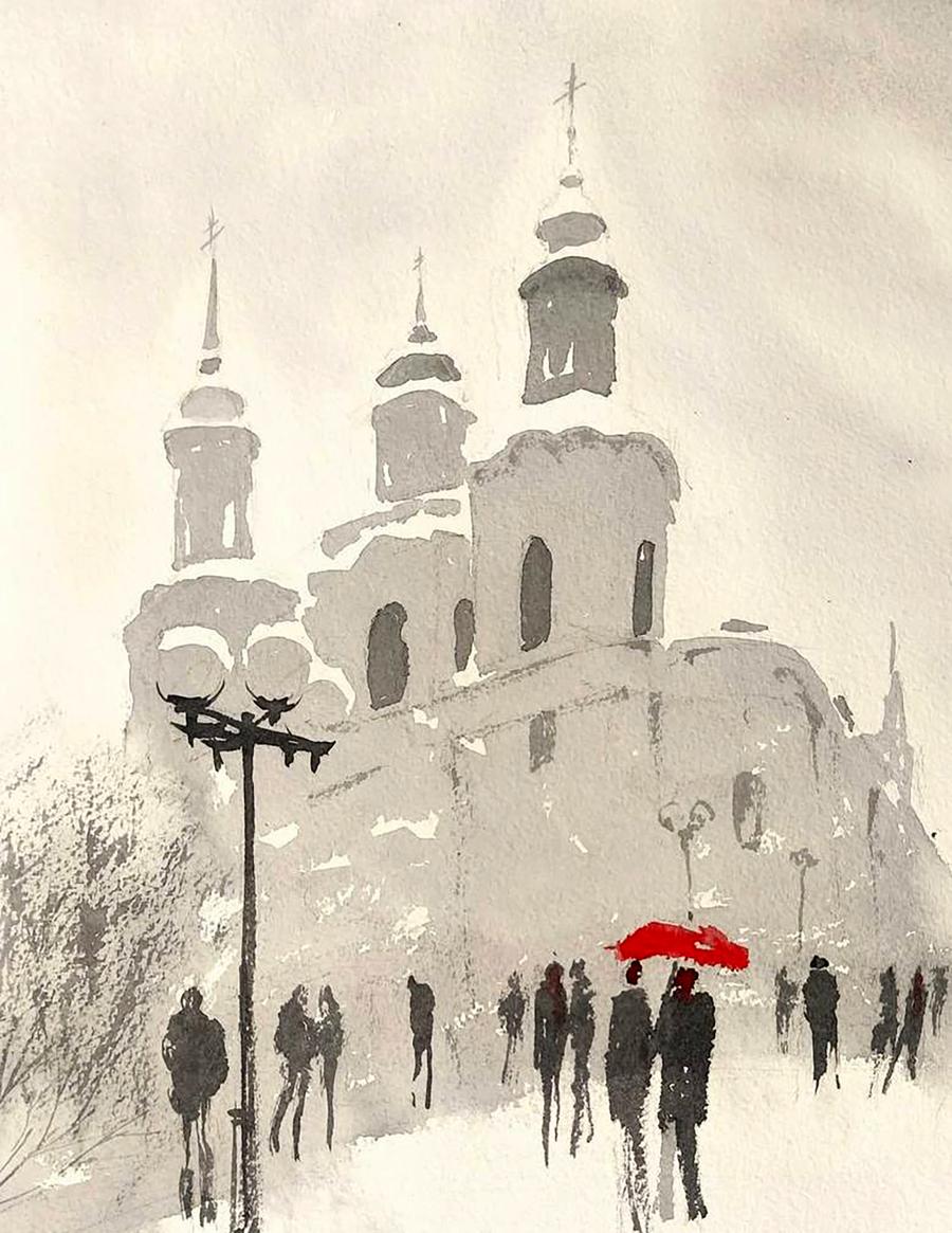 Watercolor painting Winter City Olena Klimenko