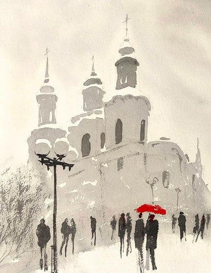 Watercolor painting Winter City Olena Klimenko