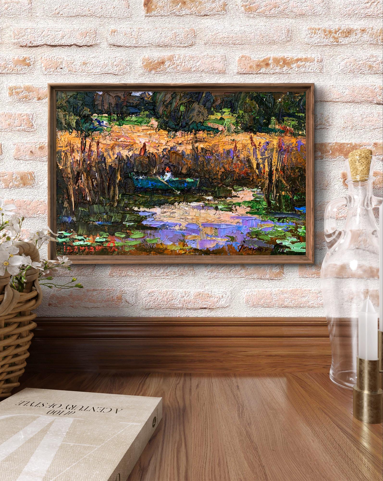 Oil painting Among the Reeds by Oksana Ivanyuk, textured lily pond scene