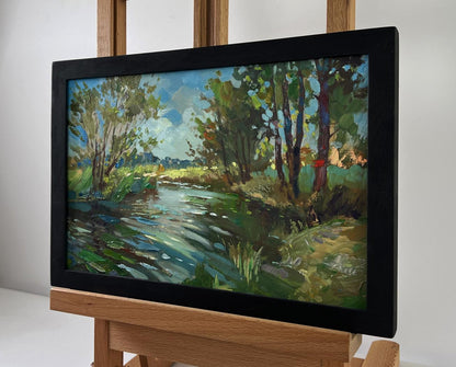 Oil painting Quiet forest river by Yuriy Suprunchuk in black frame