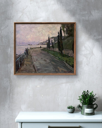 Oil painting Embankment by Oleksandr Andreev: coastal cypress pathway