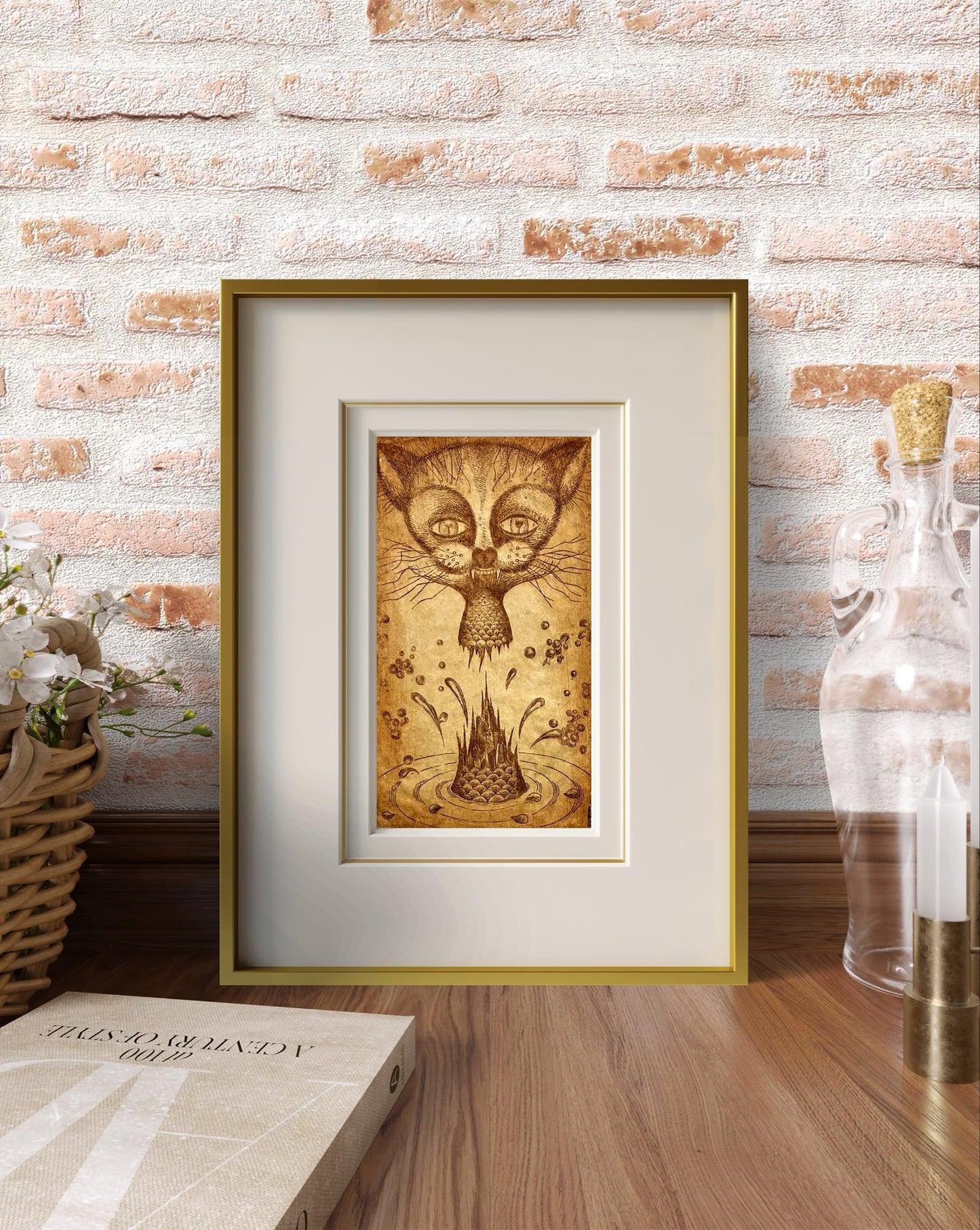 Framed sepia cat etching by Oleksandr Zhmailo Island artwork
