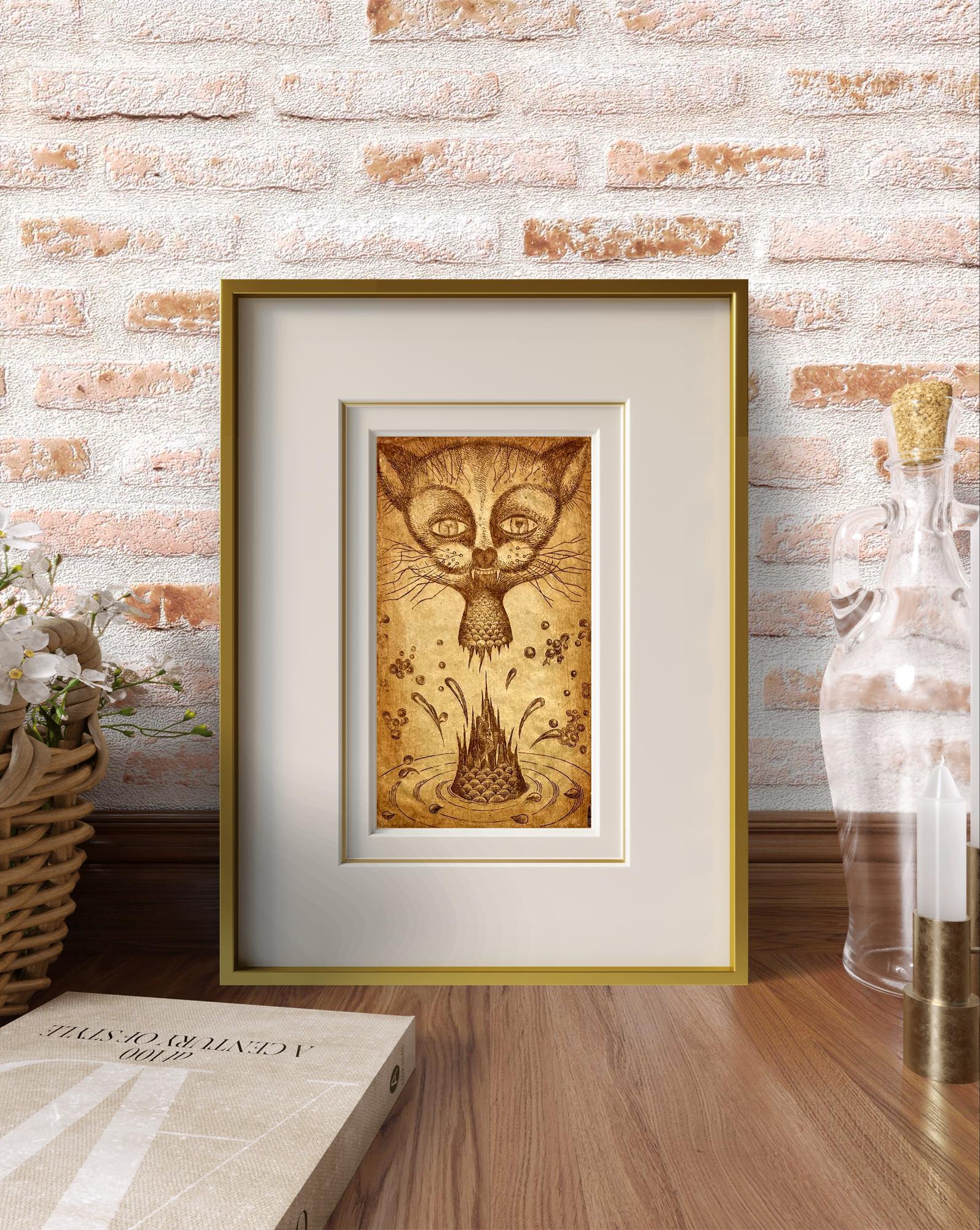 Framed sepia cat etching by Oleksandr Zhmailo Island artwork