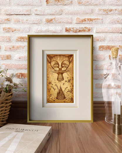 Framed sepia cat etching by Oleksandr Zhmailo Island artwork