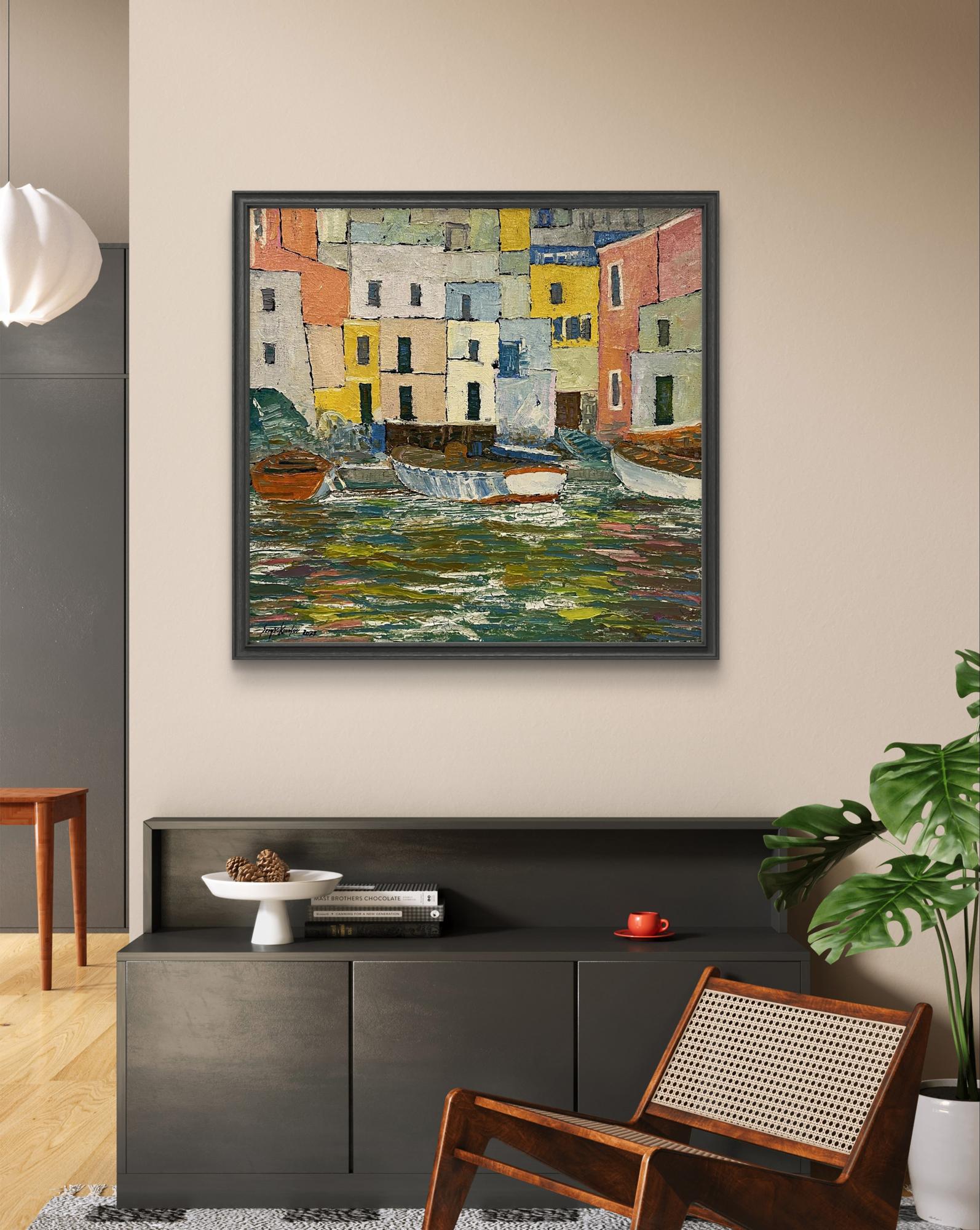 Vibrant framed abstract oil painting Amplitude by Serhiy Kovalev with colorful canal scene