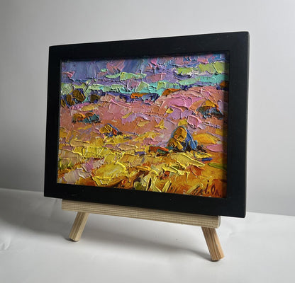 Oil painting Morning summer meadows by Oleksiy Ivanyuk in black frame