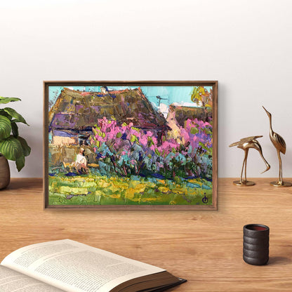 Vibrant Blooming Garden oil painting by Oksana Ivanyuk in rustic frame