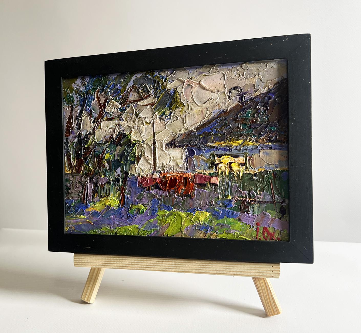 Oil painting Saturday night at home by Oksana Ivanyuk in black frame