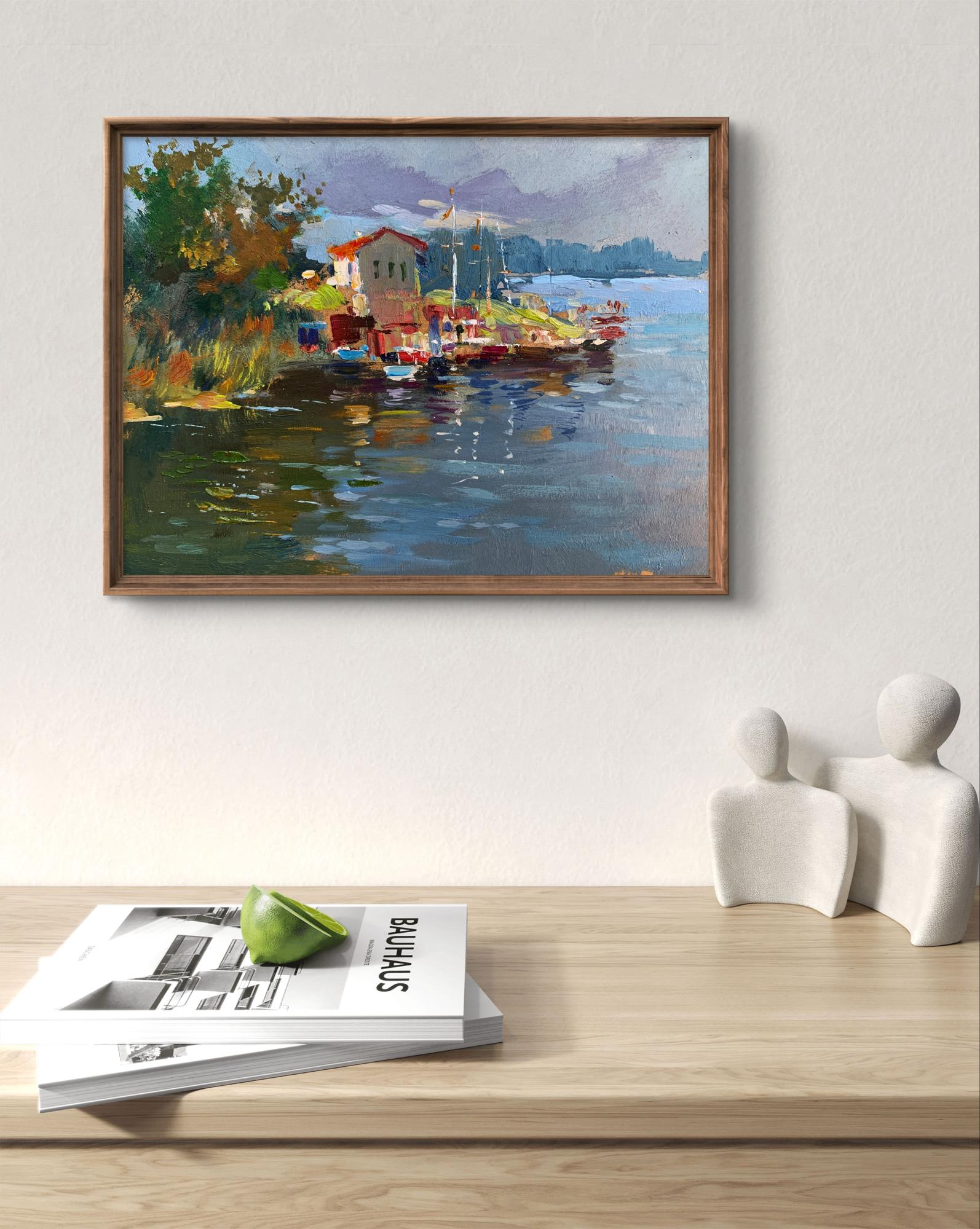 Framed impressionist oil painting of Yuriy Suprunchuk lakeside port with boats