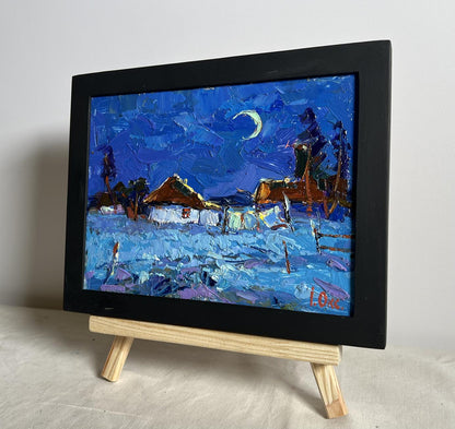 Framed oil painting Moonlit night by Oksana Ivanyuk snowy village crescent moon