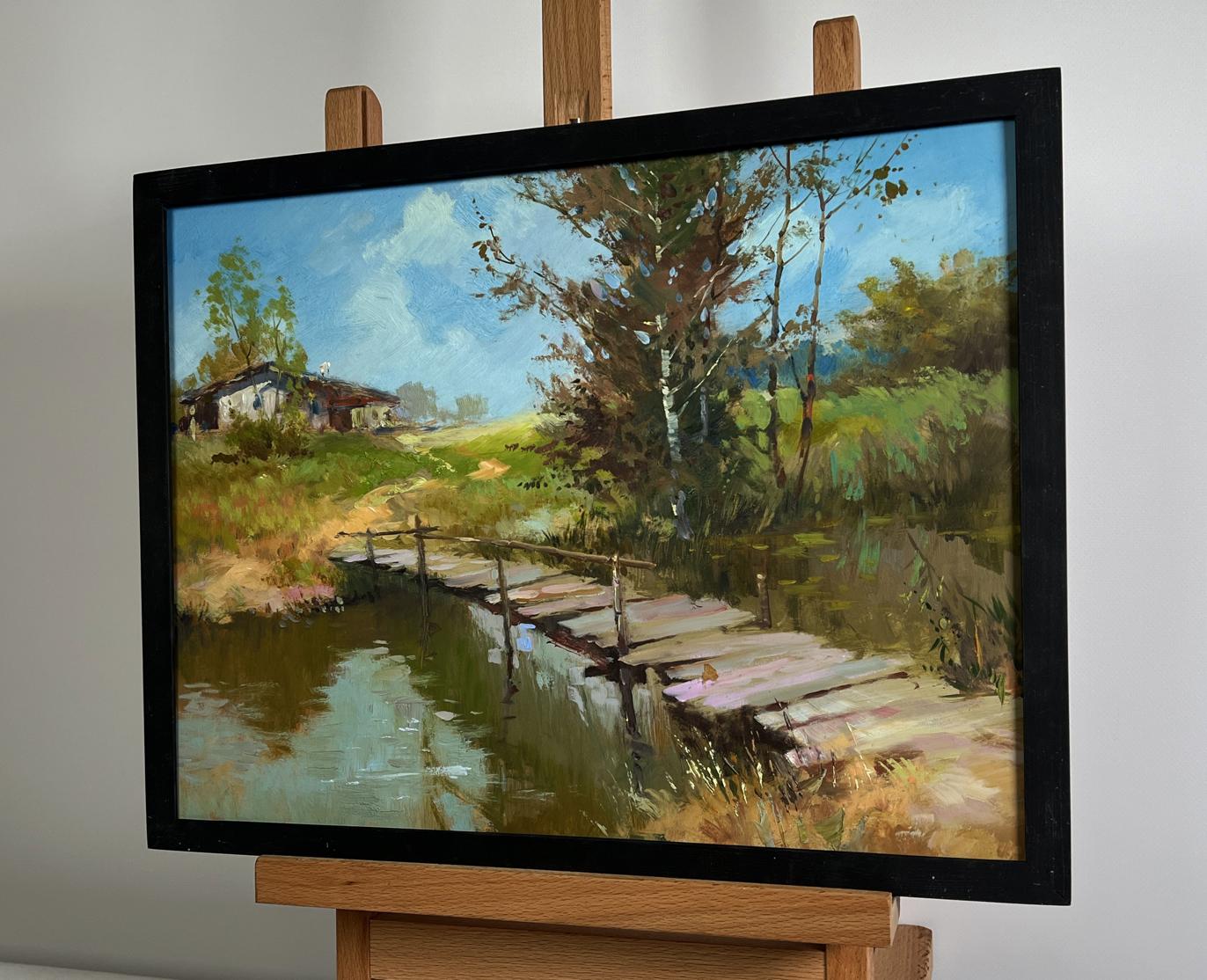 Oil painting The Road Leading Home by Yuriy Suprunchuk, rustic bridge over water