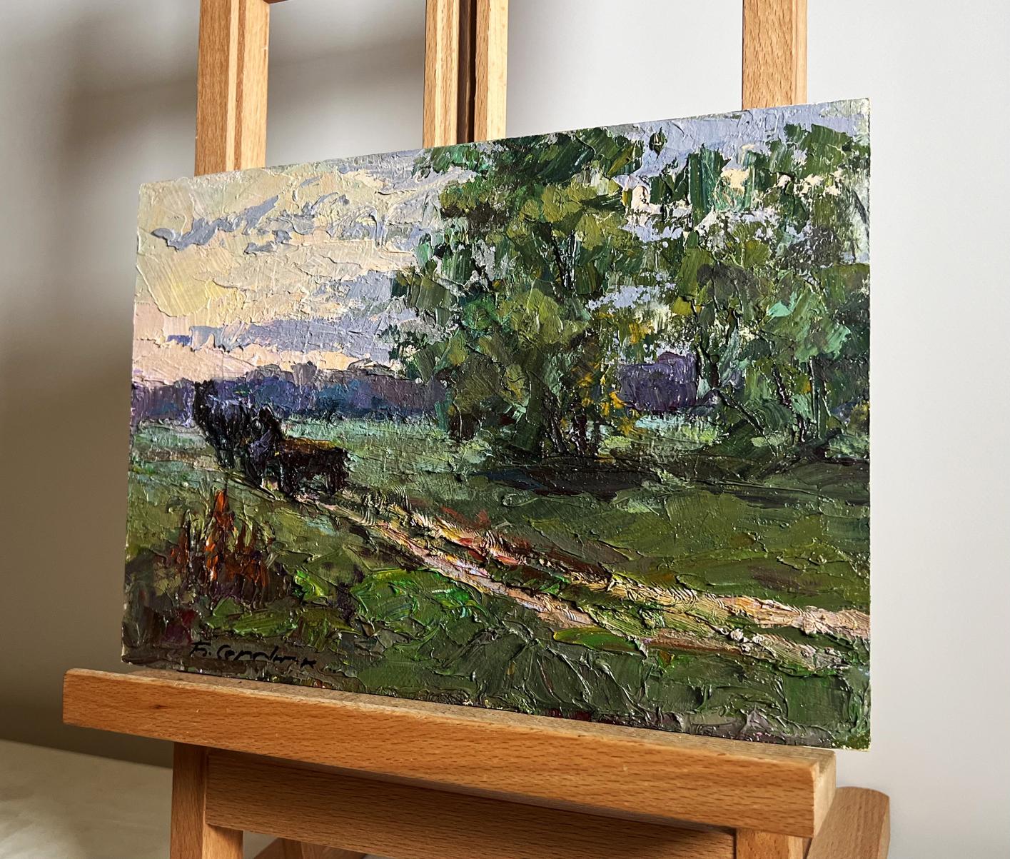 Oil painting Along the Country Road by Boris Serdyuk, lush green landscape