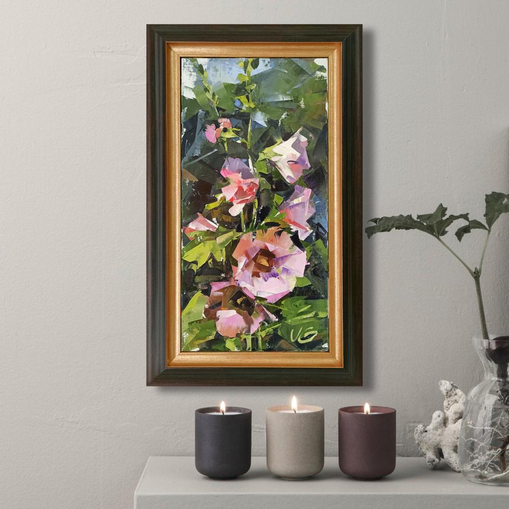 Oil painting Pink flowers Volodymyr Gluhomanyuk in rectangular gold-bordered frame